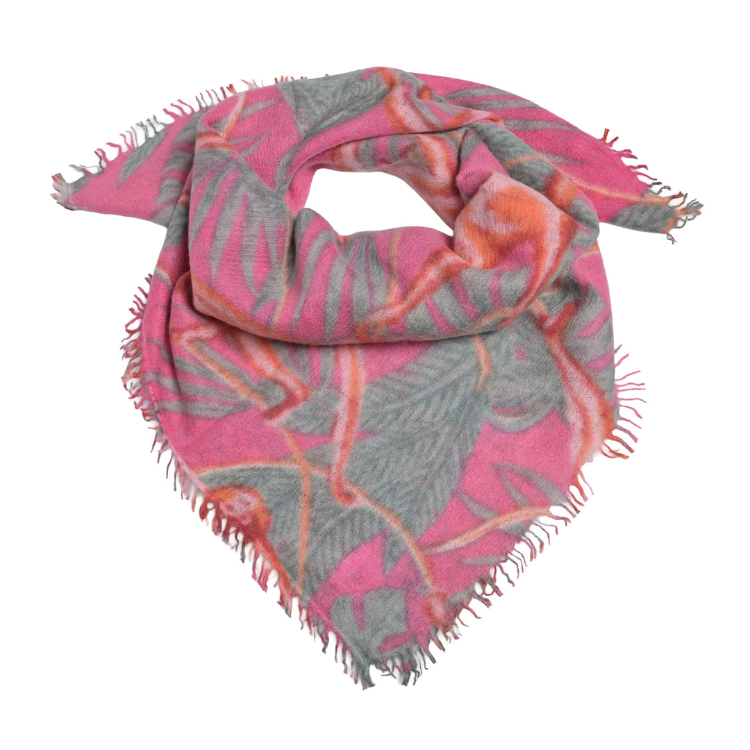 Weiches quadratisches Kaschmirtuch für Damen 60 x 60 cm mit aufgedruckten kleinen Affen, besonders fluffig und leicht, Farbe Raspberry, Produktbild