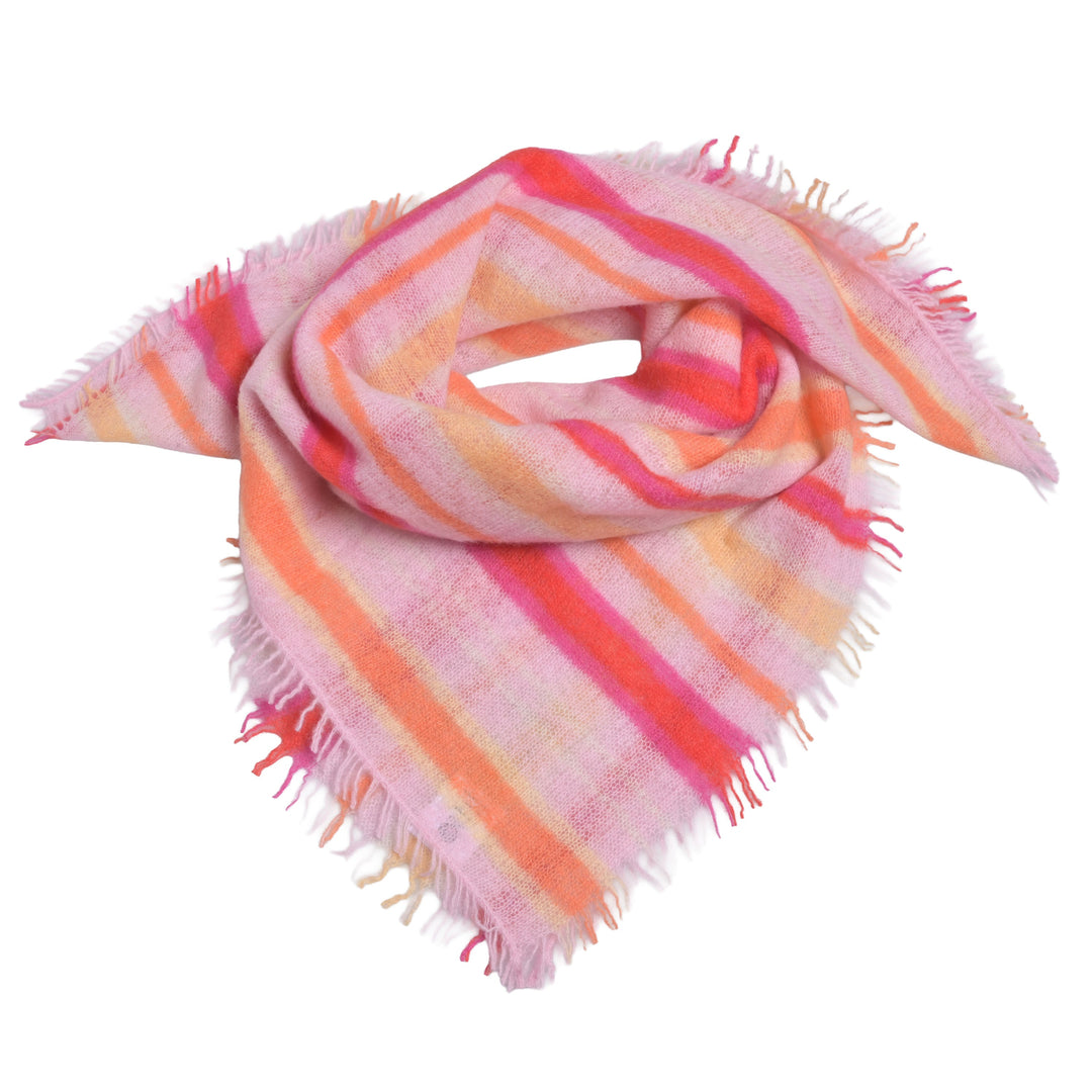 Quadratisches Kaschmir Bandana mit Streifenmuster in der Farbe Koralle aus 100% reinem Cashmere, handgefertigtes Tuch 65x65 cm aus Nepal, Produktbild