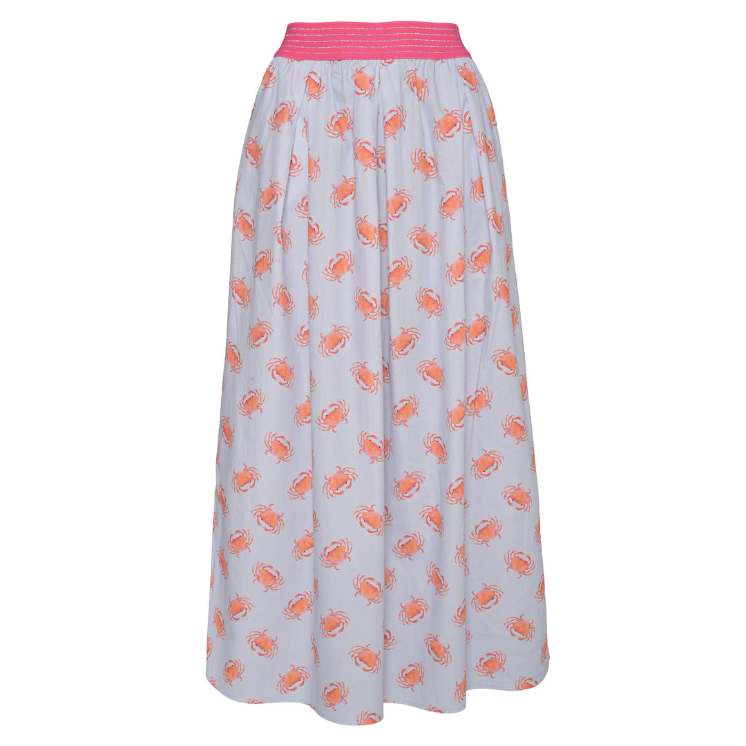 Sommerlicher Baumwollrock für Damen mit All-Over-Print aus kleinen Krebsen, elastischer Bund, Farbe Hellblau