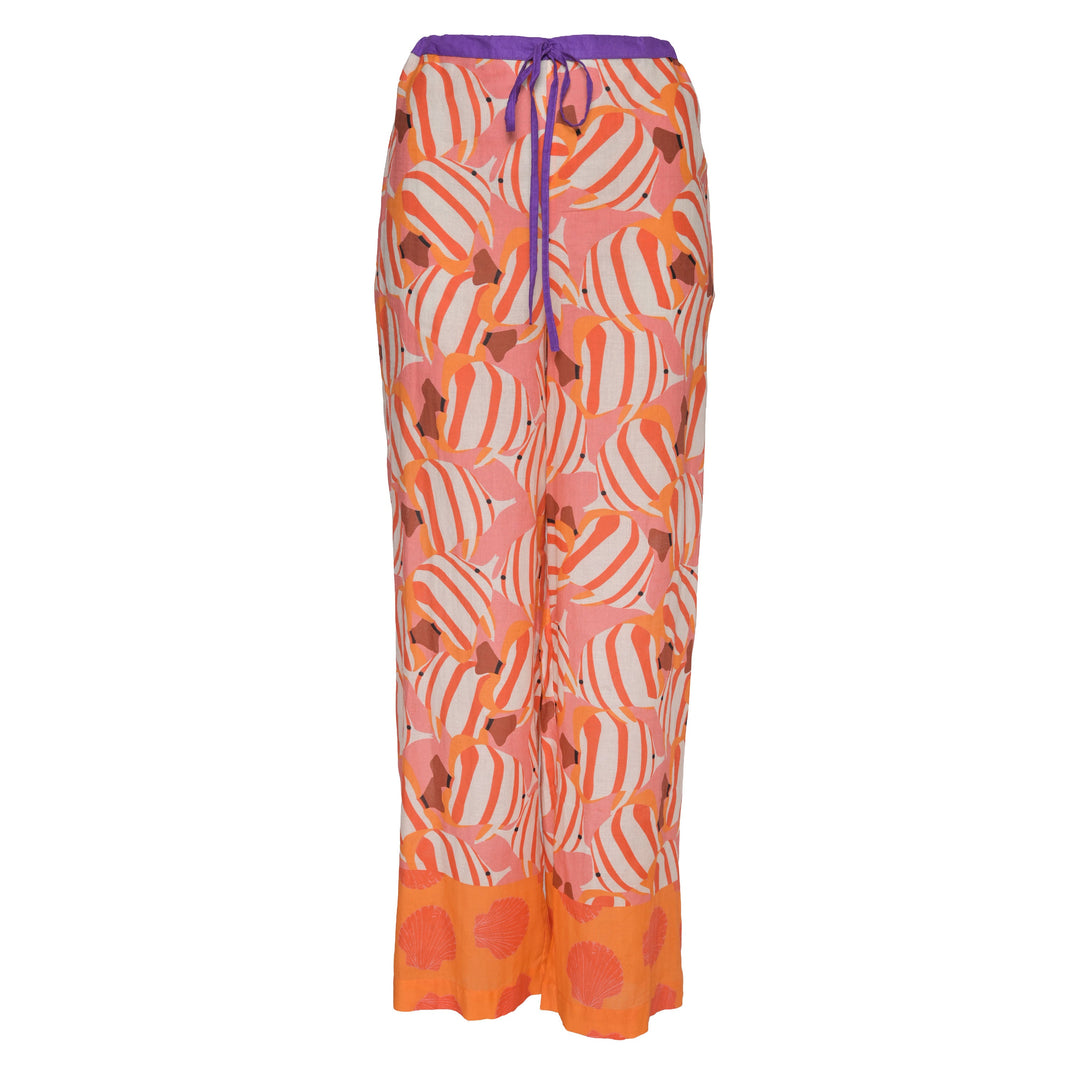 Leichte Damen Sommerhose Gracie‑cs aus 100 % Baumwolle mit Fische‑Druck und Zugbund, Vorderansicht