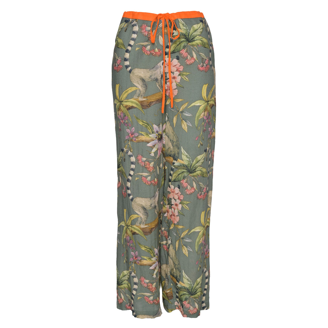 Leichte Damen Sommerhose Gracie‑cs aus 100 % Baumwolle mit exotischem Lemuren‑Print und Zugbund, Vorderansicht
