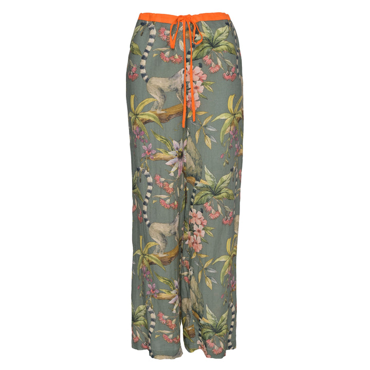 Leichte Damen Sommerhose Gracie‑cs aus 100 % Baumwolle mit exotischem Lemuren‑Print und Zugbund, Vorderansicht