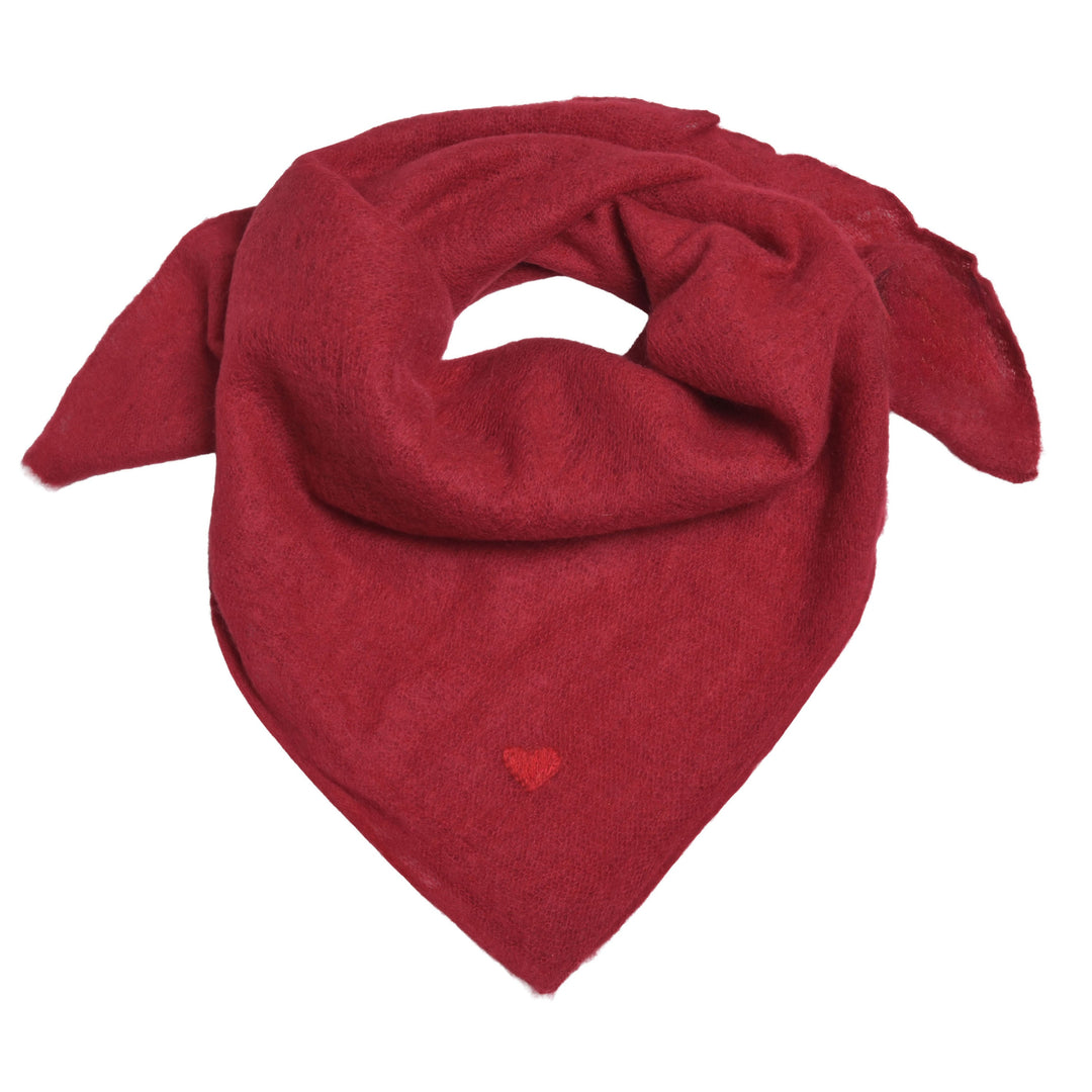 Weiches Kaschmir-Bandana für Damen mit kleinem, aufgestickten Herz, quadratisches Tuch (65 x 65 cm) aus 100 % reinem Kaschmir in der Farbe Dunkelrot