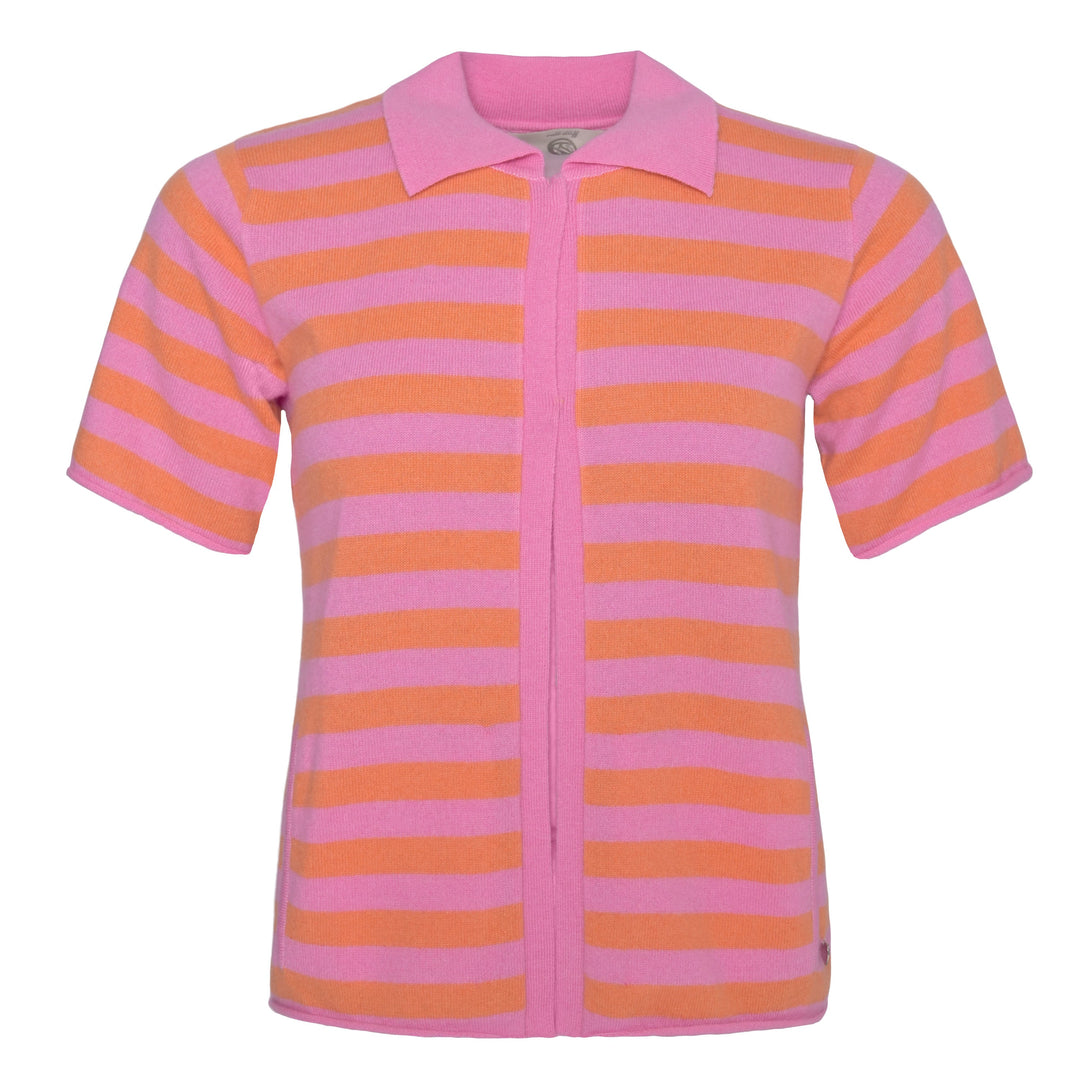 Kurzarm‑Cardigan Olivia‑cs in Pink mit Streifen und Polo‑Kragen aus Kaschmir‑Woll‑Mix