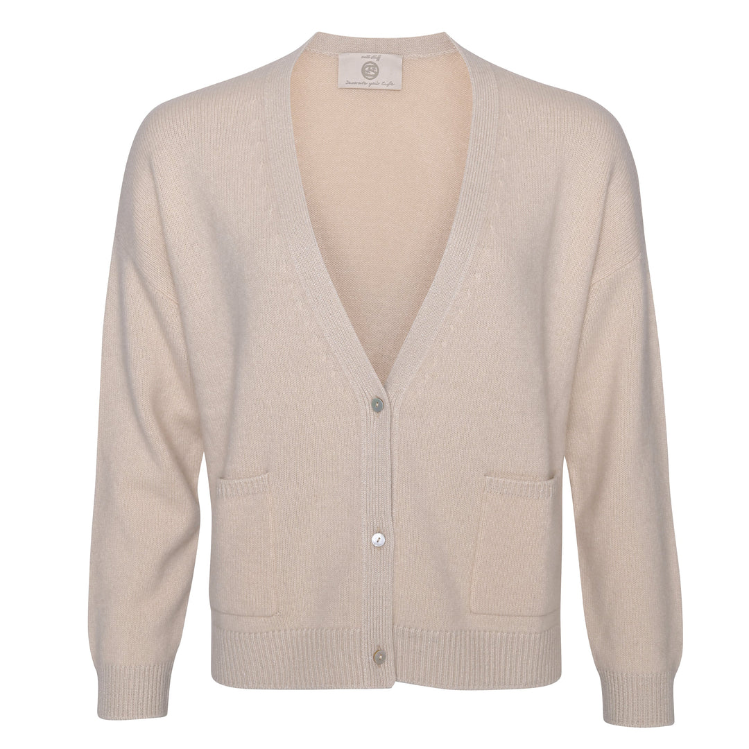 Strickjacke für Damen aus 100% reinem Kaschmir in der Farbe Creme Weiß