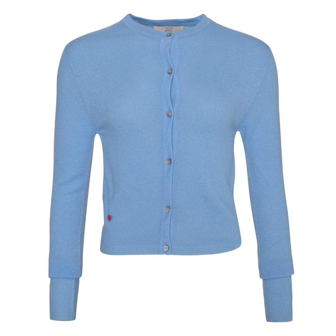 Klasschische Strickjacke für Damen aus 100% reinem Kaschmir mit feiner Knopfleiste und körpernahmen Schnitt in Hellblau