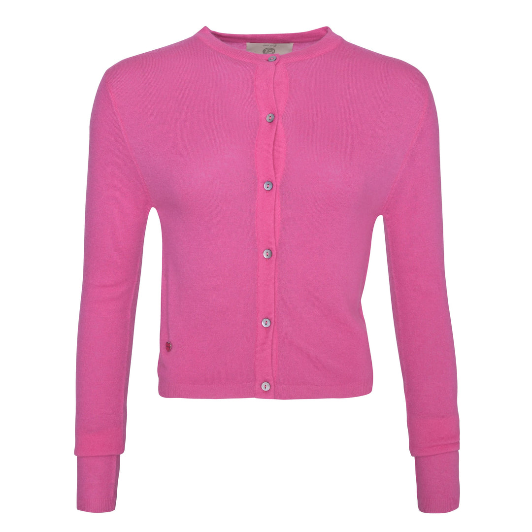 Klasschische Strickjacke für Damen aus 100% reinem Kaschmir mit feiner Knopfleiste und körpernahmen Schnitt in Pink