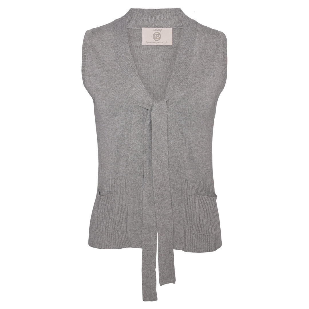 Leichte Kaschmir Strickweste für Damen mit Schluppe und Seitentaschen in Hellgrau Meliert