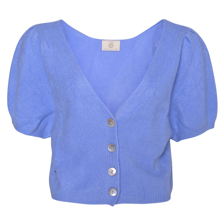 Blauer Kaschmir Cardigan Luca‑cs mit V‑Ausschnitt und kurzen Ballonärmeln aus 100% reinem Kaschmir, Damen Strickjacke mit Knopfleiste