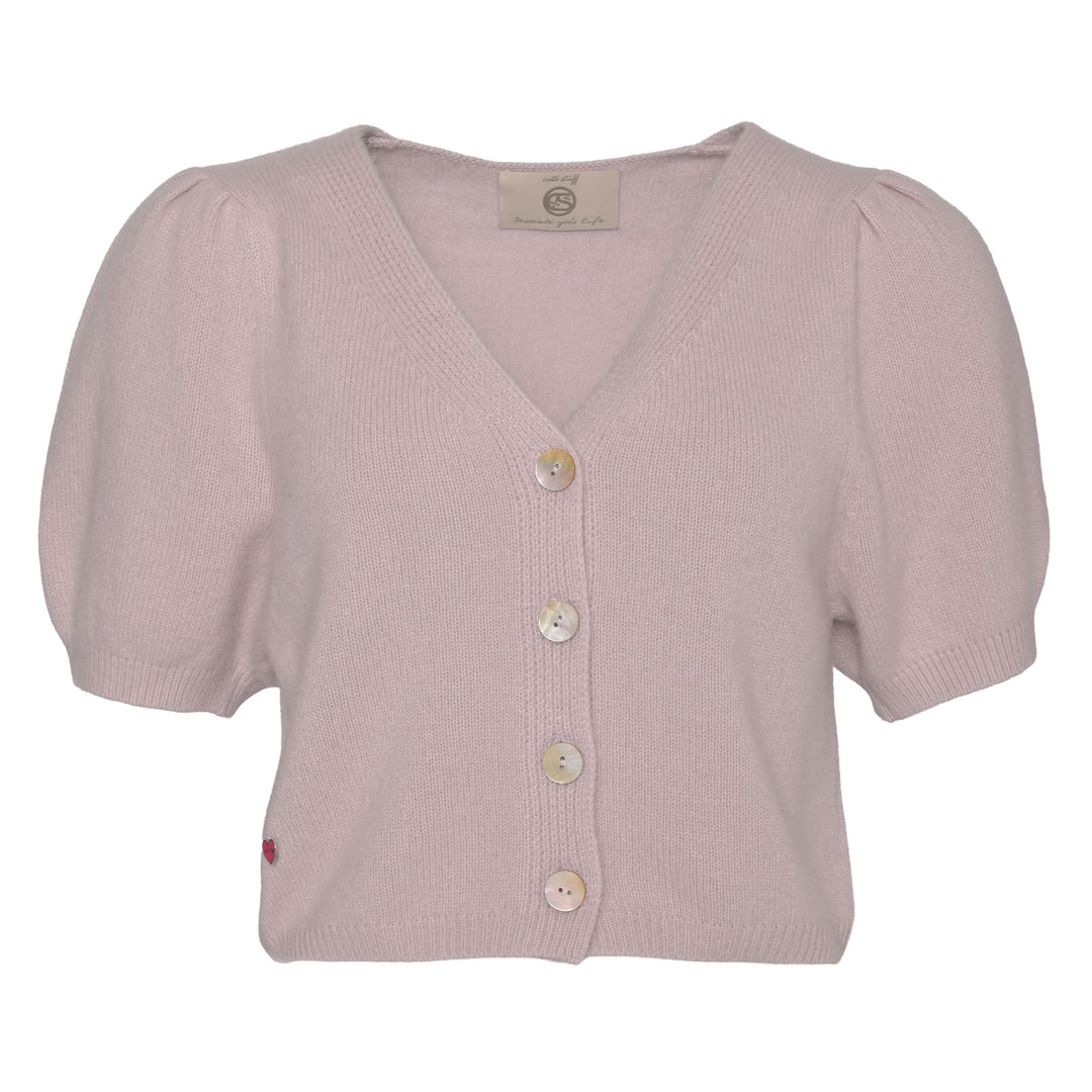 Kaschmir Cardigan Luca‑cs mit V‑Ausschnitt und kurzen Ballonärmeln aus 100% reinem Kaschmir in der Farbe Gray Lilac, Damen Strickjacke mit Knopfleiste