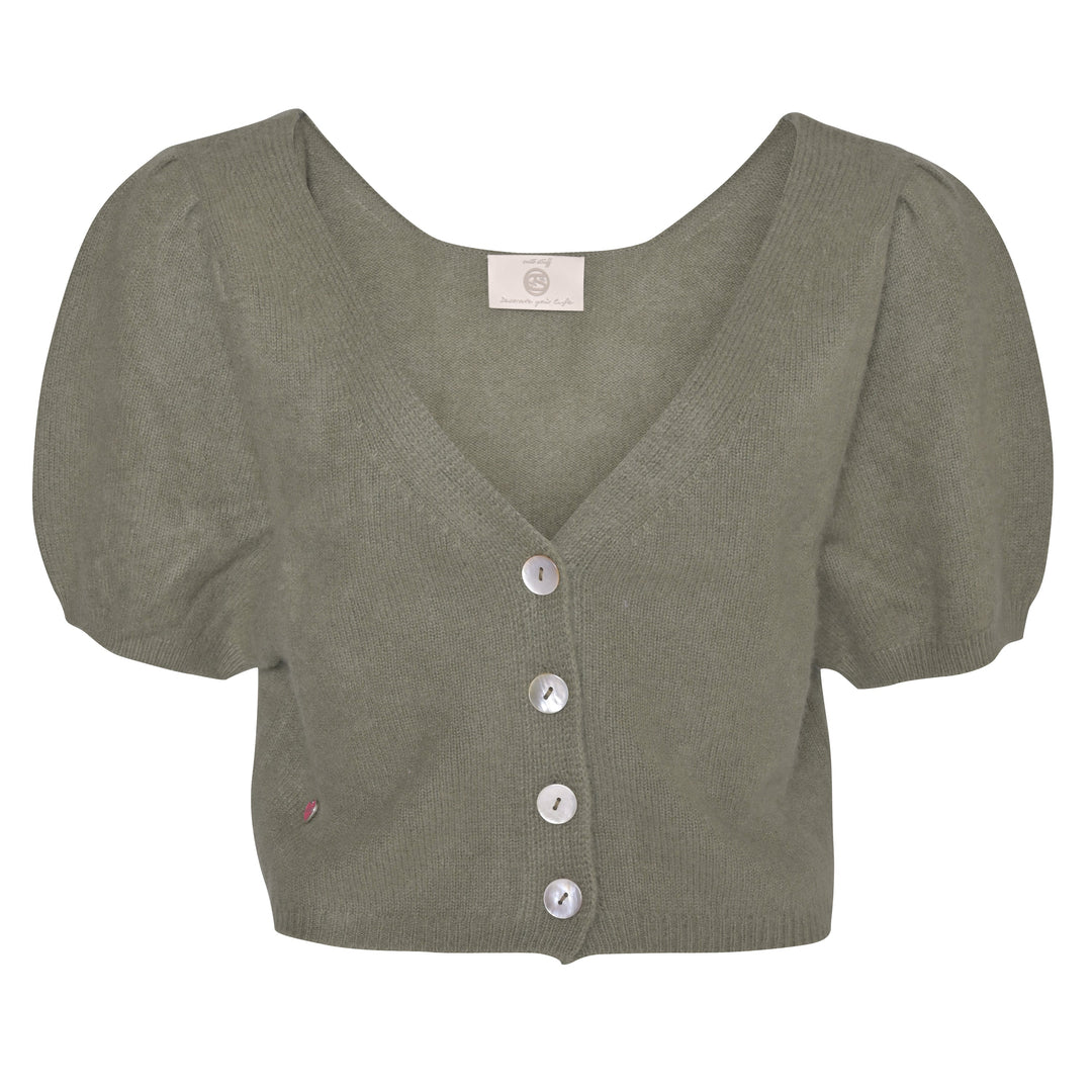Olivgrüner Kaschmir Cardigan Luca‑cs mit V‑Ausschnitt und kurzen Ballonärmeln aus 100% reinem Kaschmir, Strickjacke mit Knopfleiste