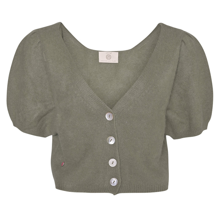Olivgrüner Kaschmir Cardigan Luca‑cs mit V‑Ausschnitt und kurzen Ballonärmeln aus 100% reinem Kaschmir, Strickjacke mit Knopfleiste
