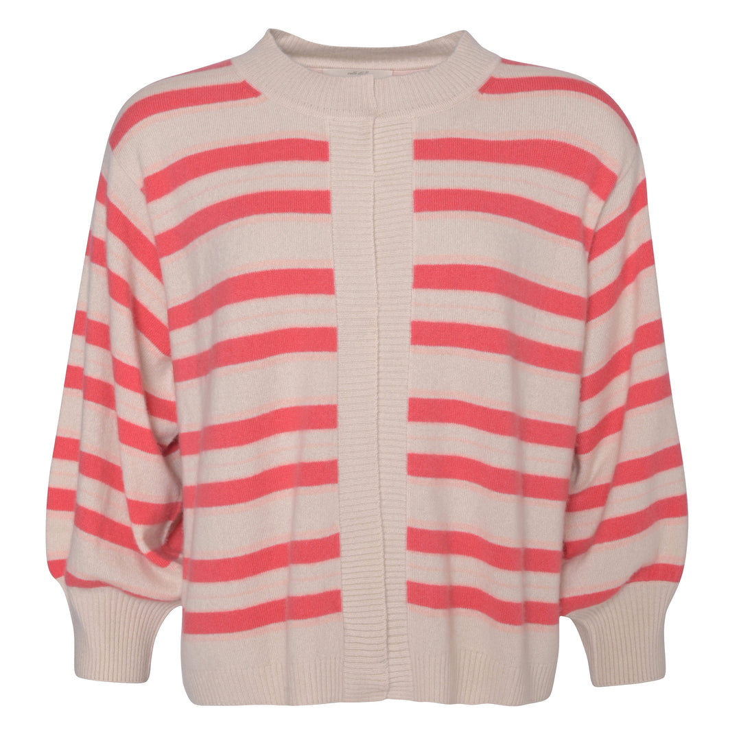 Nachhaltig produzierter Cashmere Strickjacke für Damen, oversized Schnitt aus 100% reinem Kaschmir mit Streifen in Koralle und Creme