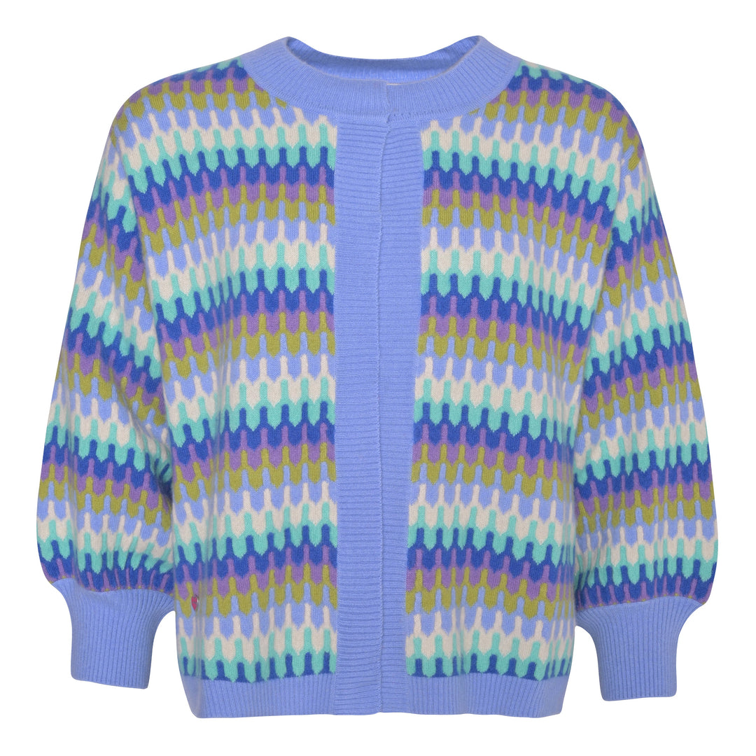 Offene und oversized geschnittene Kaschmir Strickjacke mit Zick-Zack-Muster für Damen ohne Knöpfe in Blau