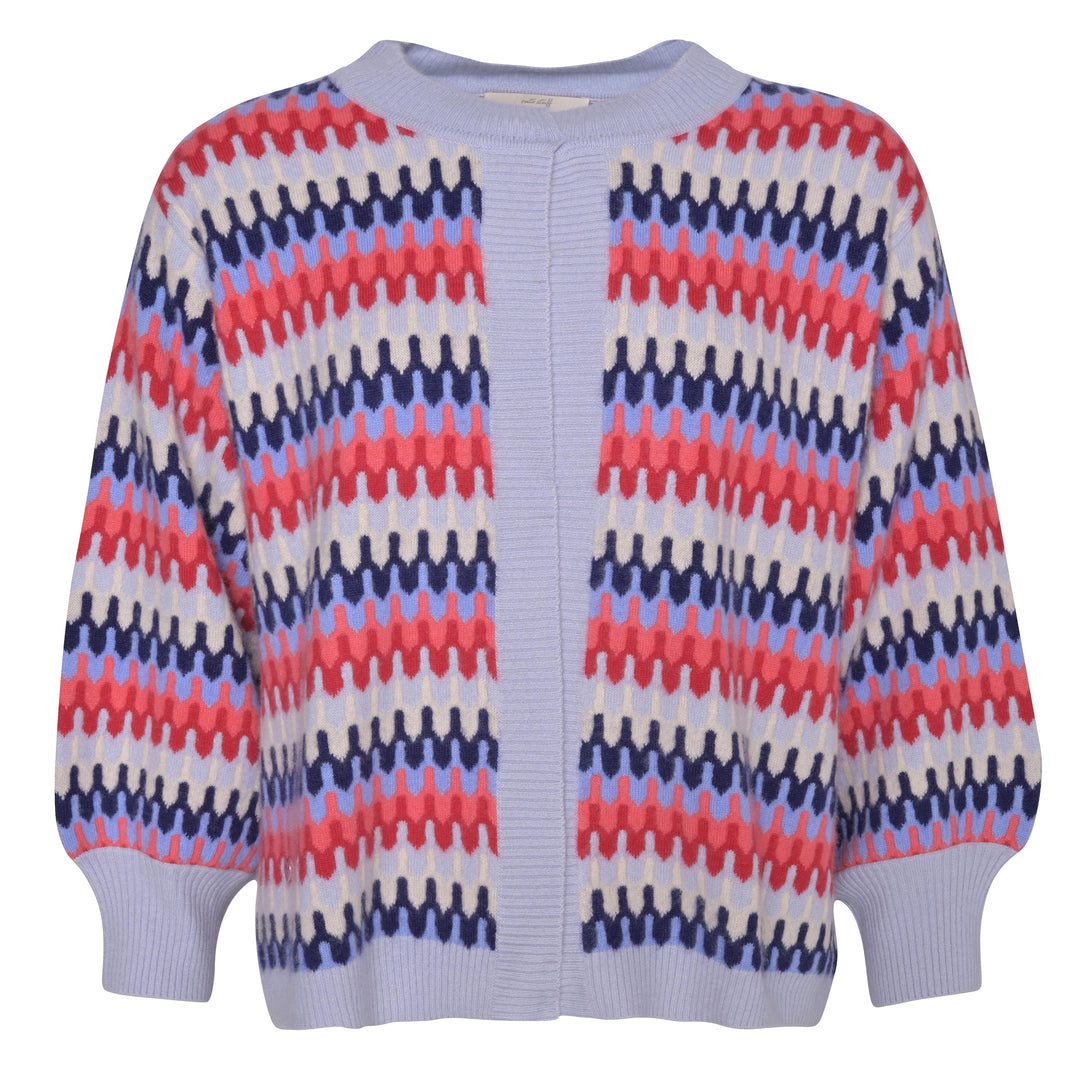 Nachhaltig produzierter Cashmere Cardigan für Damen mit Zickzack-Muster in Blau und Koralle