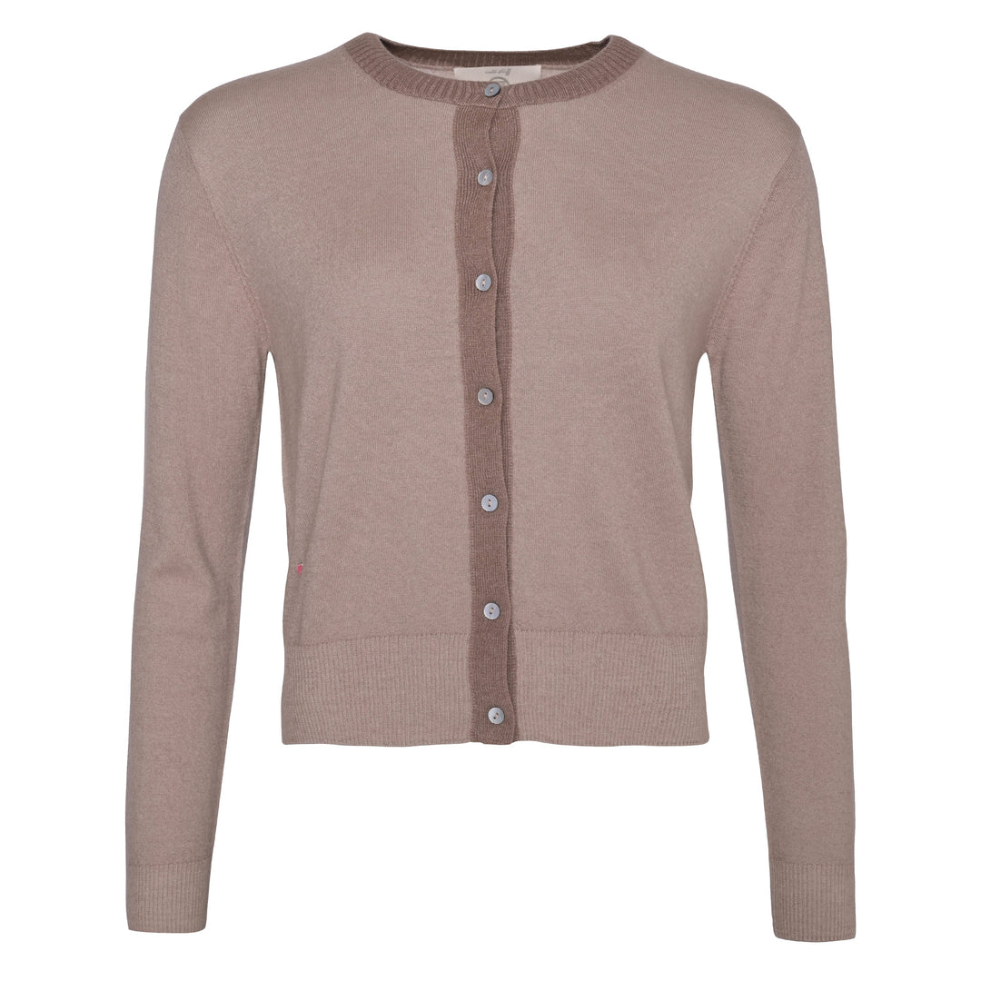 Feine Strickjacke für Damen mit abgesetzter Knopfleiste aus 100% reinem Kaschmir in der Farbe Taupe