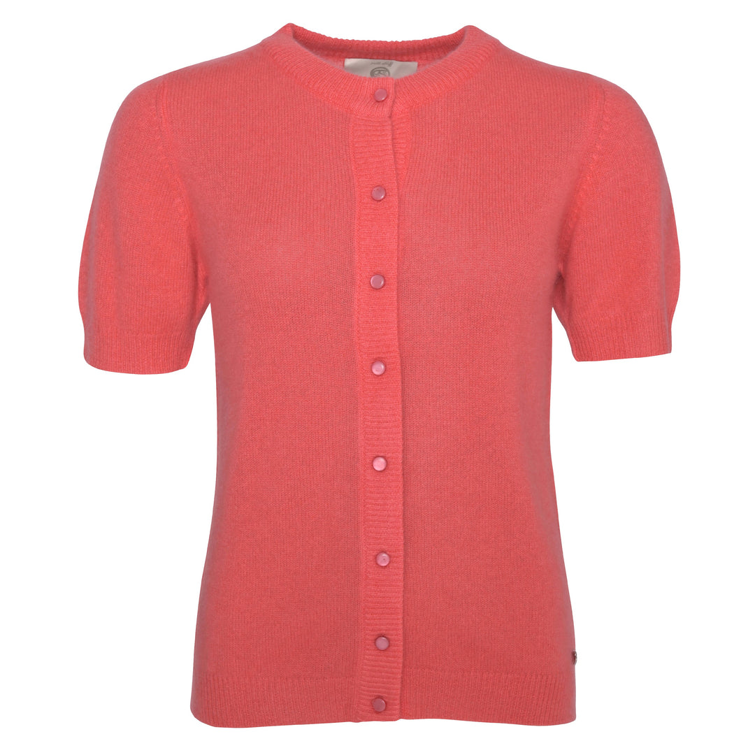 Leichter Damen Cardigan aus 100% Kaschmir, frontale Ansicht, Farbe Koralle