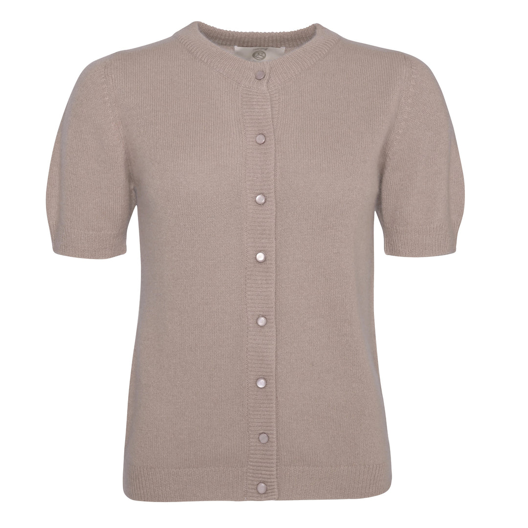 Kurzärmeliger Kaschmir Cardigan für Damen in femininem Schnitt mit Knopfleiste aus reinem Kaschmir in der Farbe Taupe
