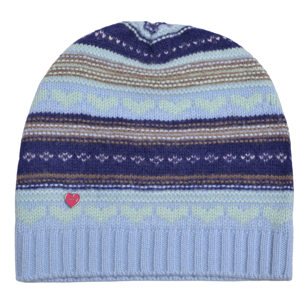 Blaue Kaschmirmütze aus 100% reinem Cashmere mit Intarsien-Strickmuster für Damen