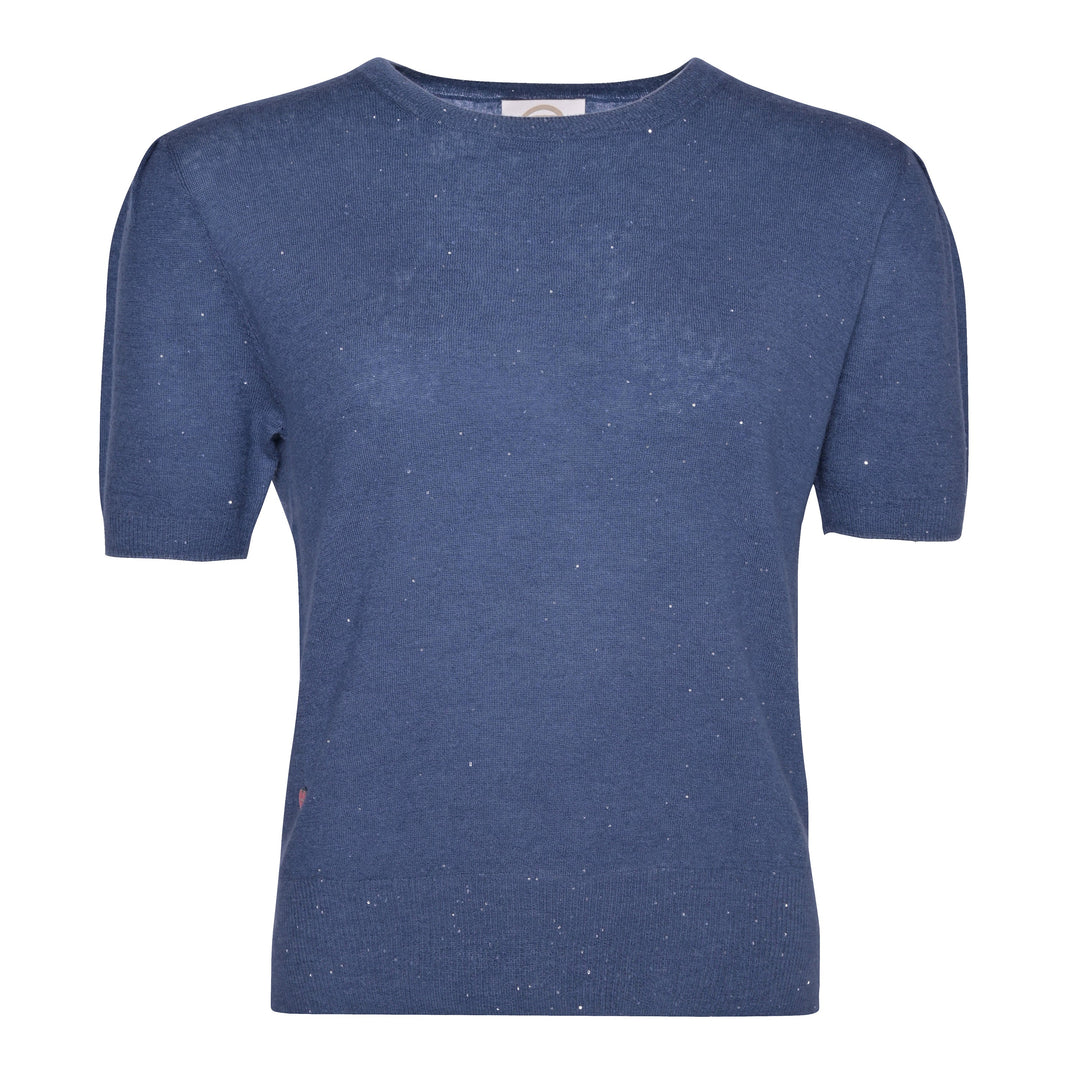 Feiner Damen Kaschmirpullover in Blau mit dezenten Pailletten, kurze Ärmel