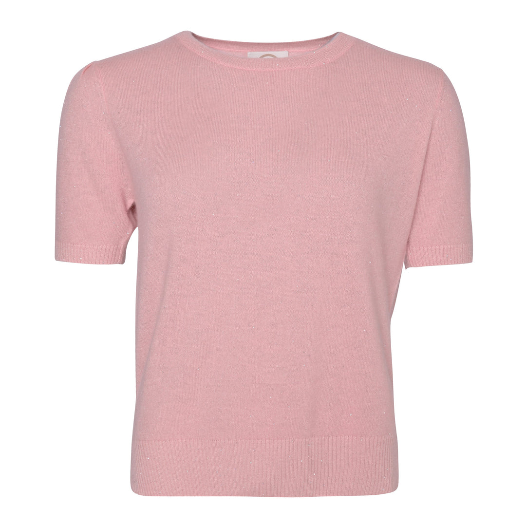 Feiner Damen Kaschmirpullover in Rosa mit dezenten Pailletten, kurze Ärmel für festliche Anlässe