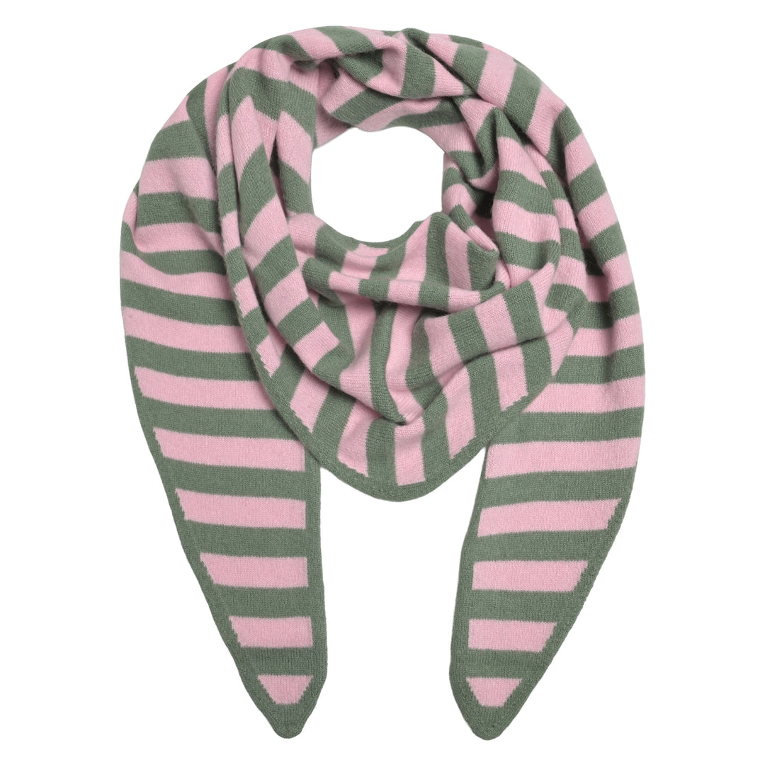 100 Prozent Cashmere Dreiecksschal Damen leicht und weich in Hellrosa und Hunter gestreift
