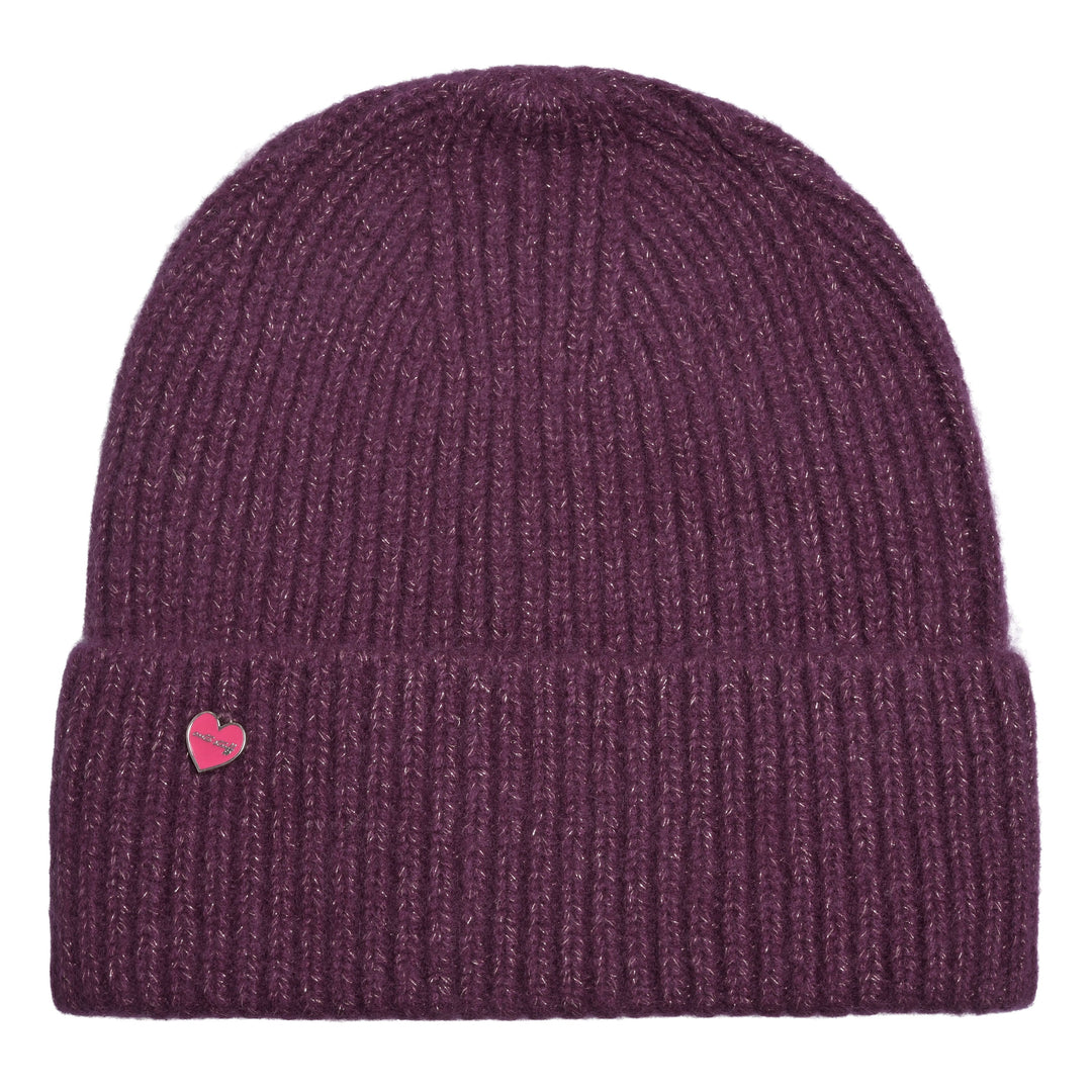 Kaschmir Mütze Damen in der Farbe Aubergine mit Lurex-Glitzer und Herz-Detail, fair produziert in Nepal