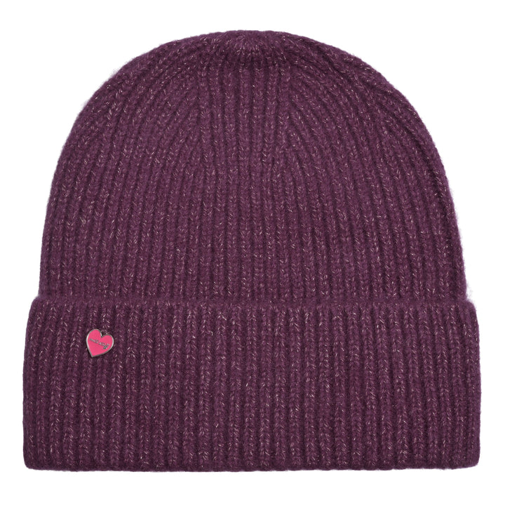 Kaschmir Mütze Damen in der Farbe Aubergine mit Lurex-Glitzer und Herz-Detail, fair produziert in Nepal