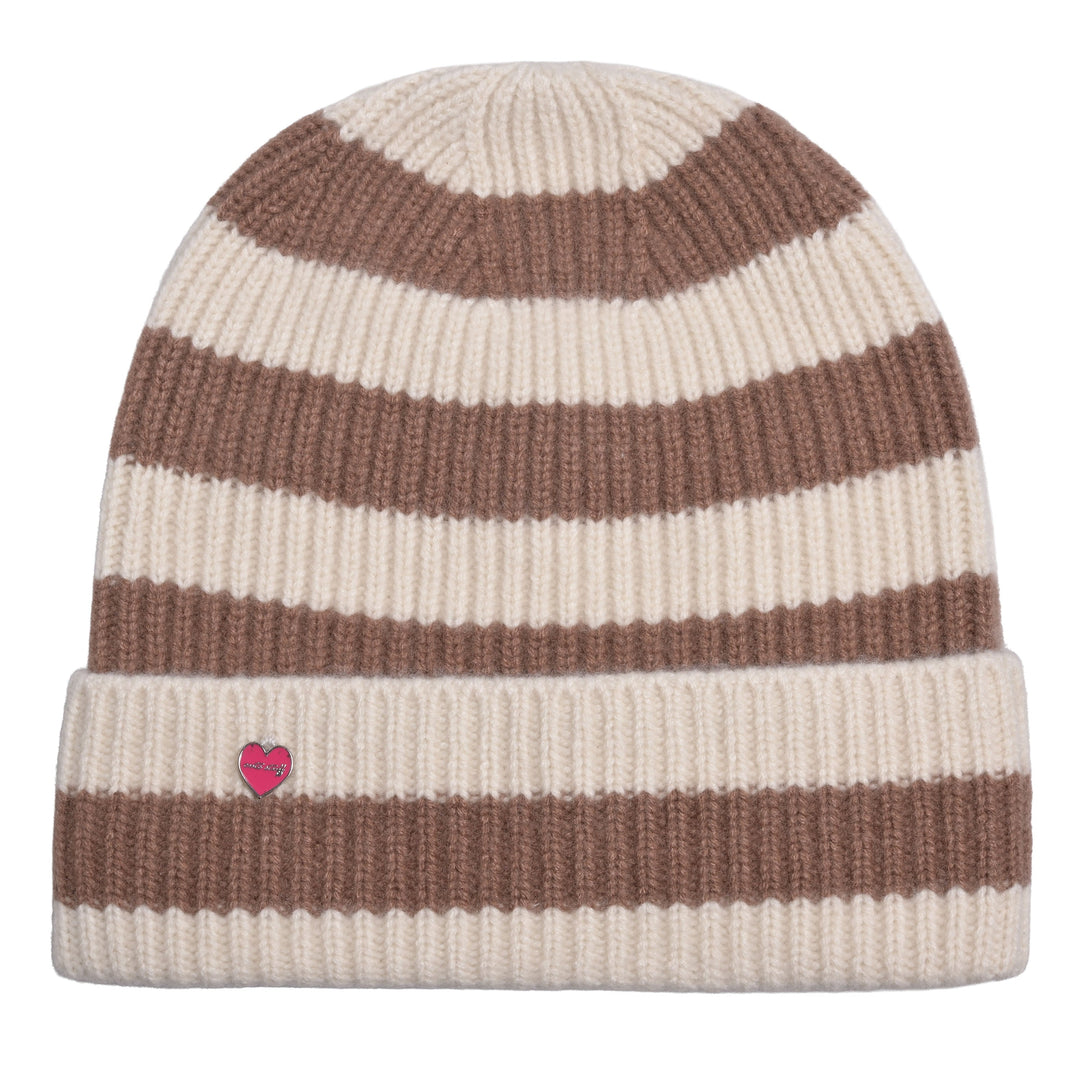 Warme Mütze aus reinem Kaschmir mit Streifen in Braun und Creme