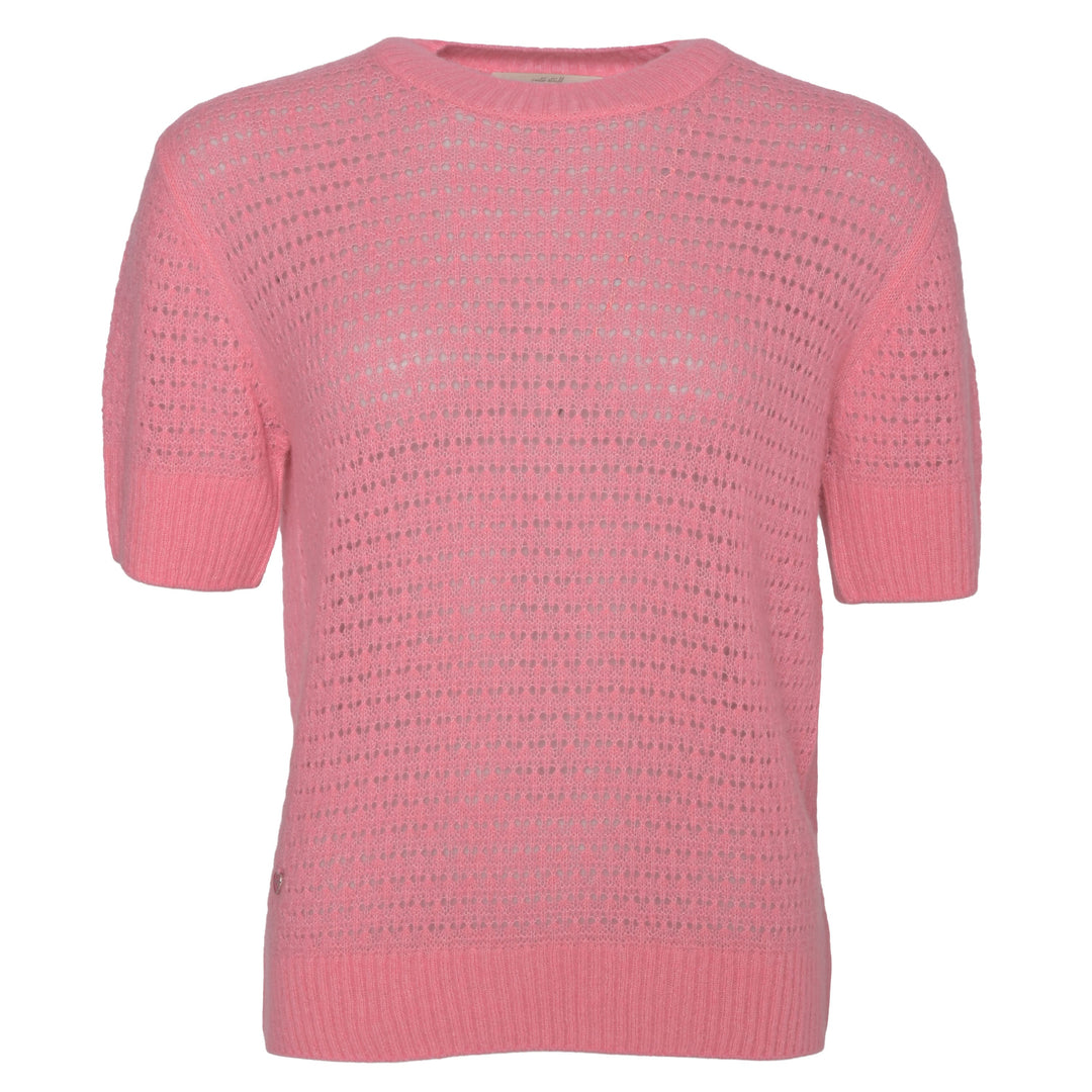 Edler Kaschmirpullover für Damen mit Ajour-Strickmuster und kurzen Ärmeln in Pink