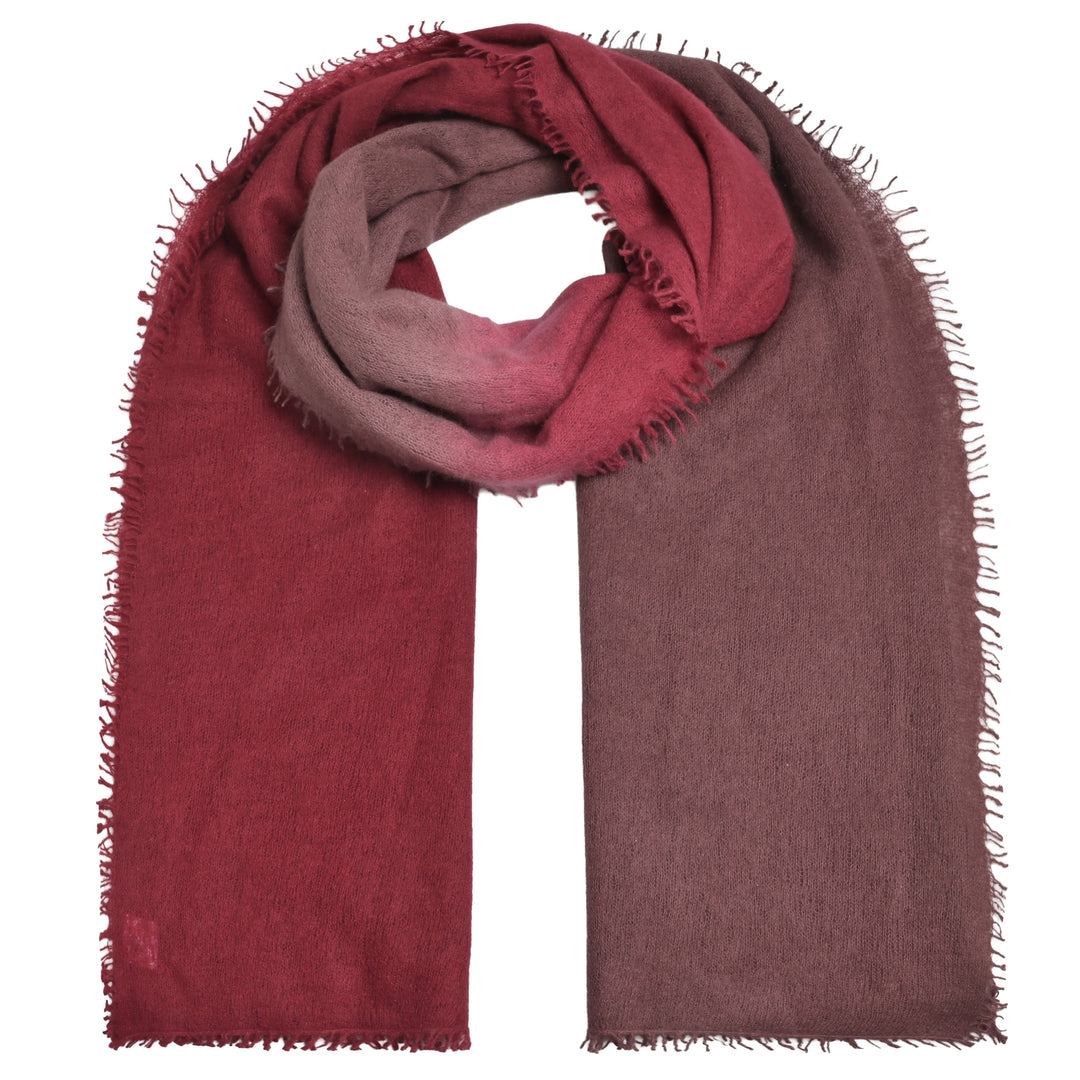 Kaschmir-Schal „Tabita“ aus 100 % Light Cashmere mit kleinen Fransen in Pomegrenate mit Farbverlauf zu Braun und Weinrot von cute stuff 
