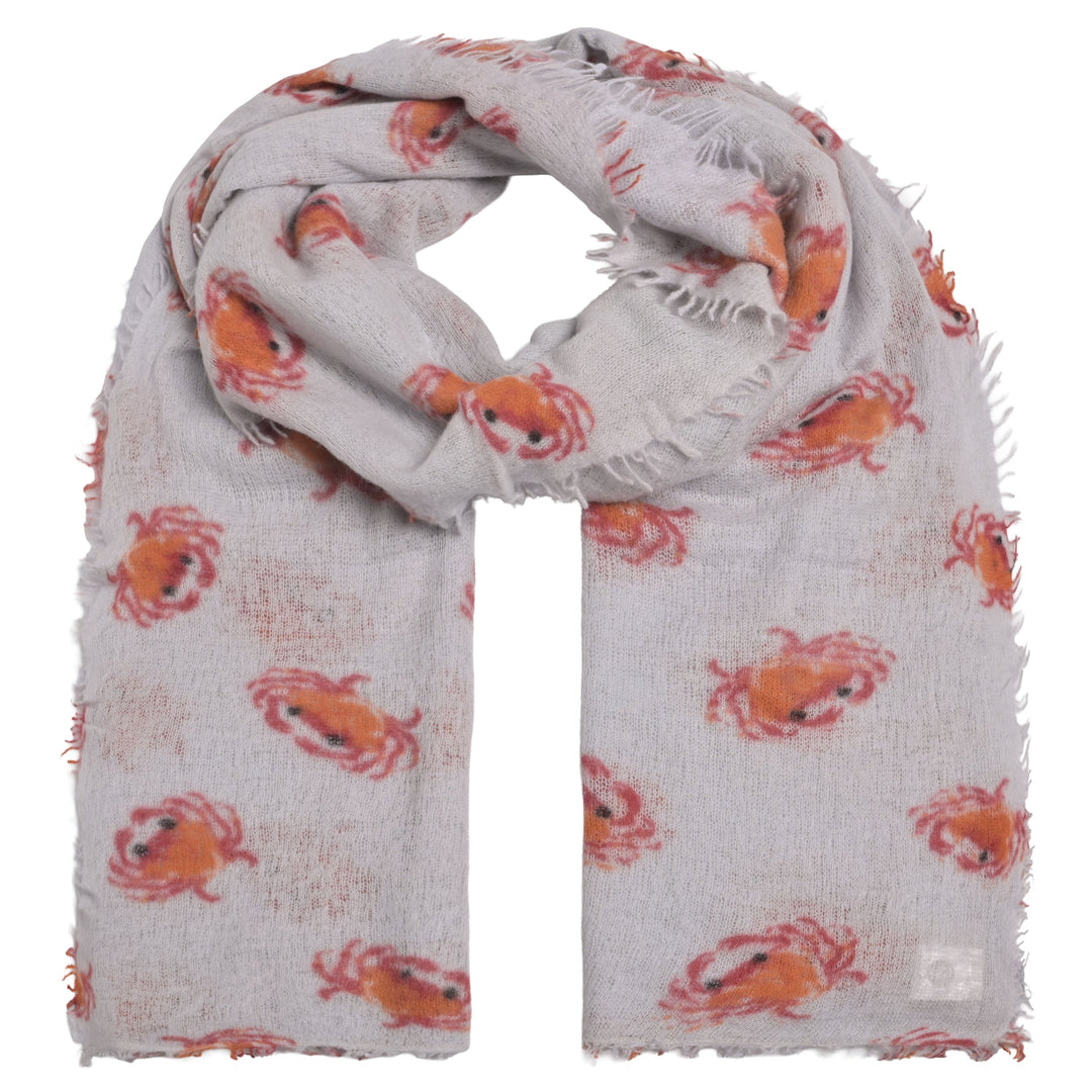 Besonders weicher und leichter Kaschmirschal für Damen mit Krebsen bedruckt, handgefertigt in Nepal, 210 x 85 cm, Farbe Gray Lilac, Produktbild mit weißem Hintergrund