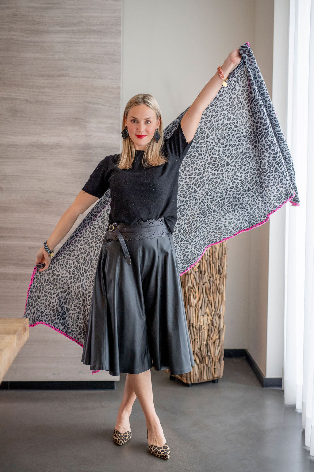 Cashmere Schal Feli-cs Leo mit Stitching in Schwarz