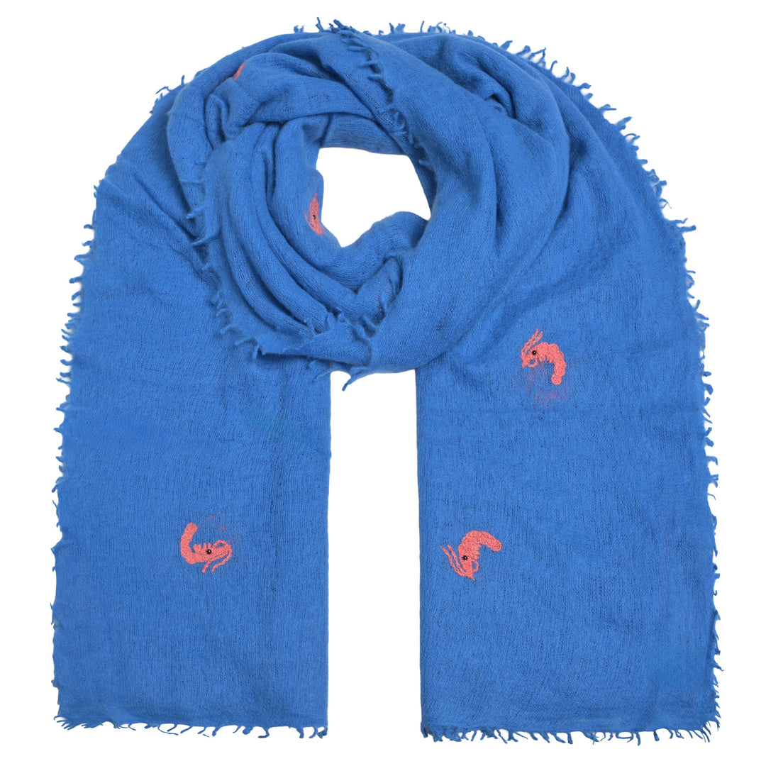 Light Kaschmirschal für Damen mit Scampi-Stickerei in strahlendem Blau, 100 Prozent reines Kaschmir, Handmade in Nepal, Produktbild