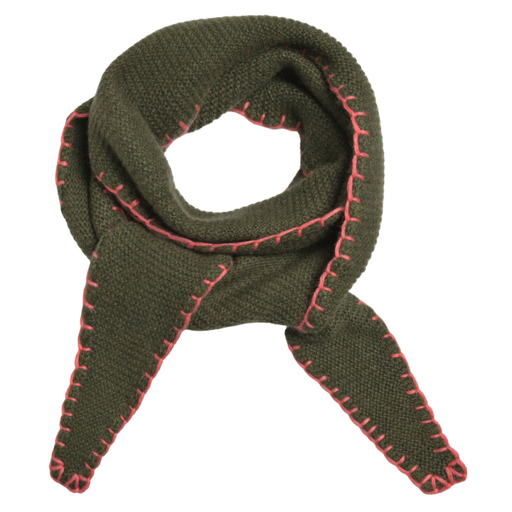 Edler Kaschmirschal aus reinem 100% Cashmere Windbreaker gestrickt in Olivgrün mit Stitching-Kante in Koralle