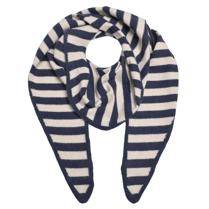 100 Prozent Cashmere Dreiecksschal Damen leicht und weich in Nachtblau und Creme gestreift