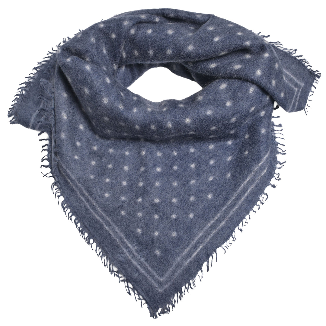 Kaschmir-Bandana „Doti“ aus 100 % Kaschmir in Nachtblau mit aufgedruckten Punkten und Streifen in Weiß von cute stuff