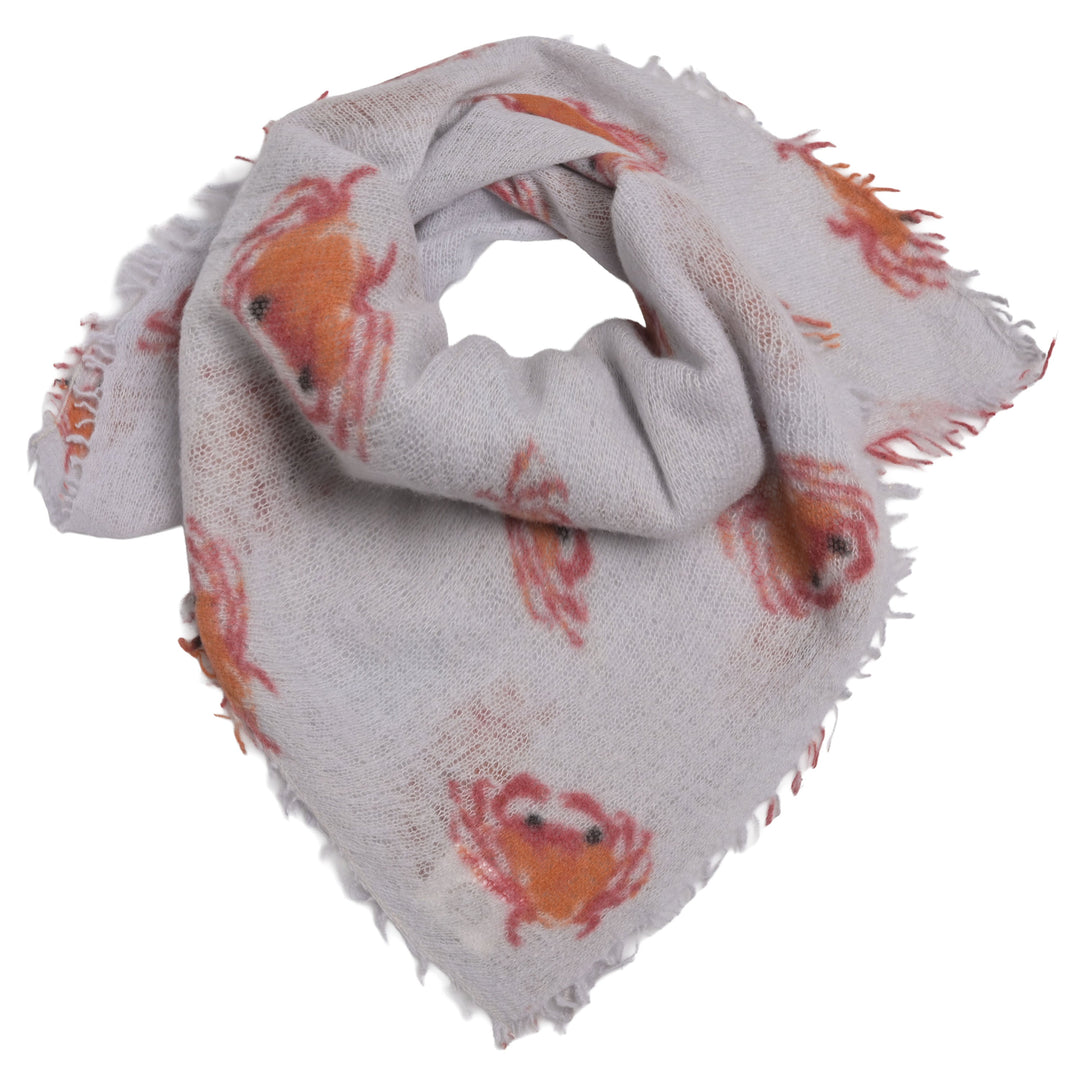 Anschmiegsames Kaschmirbandana in der Farbe Frosty (Grau-Blau) und mit Krebsen bedruckt, quadratisches Tuch, 65 x 65 cm, handmade in Nepal, Produktbild auf weißem Hintergrnd