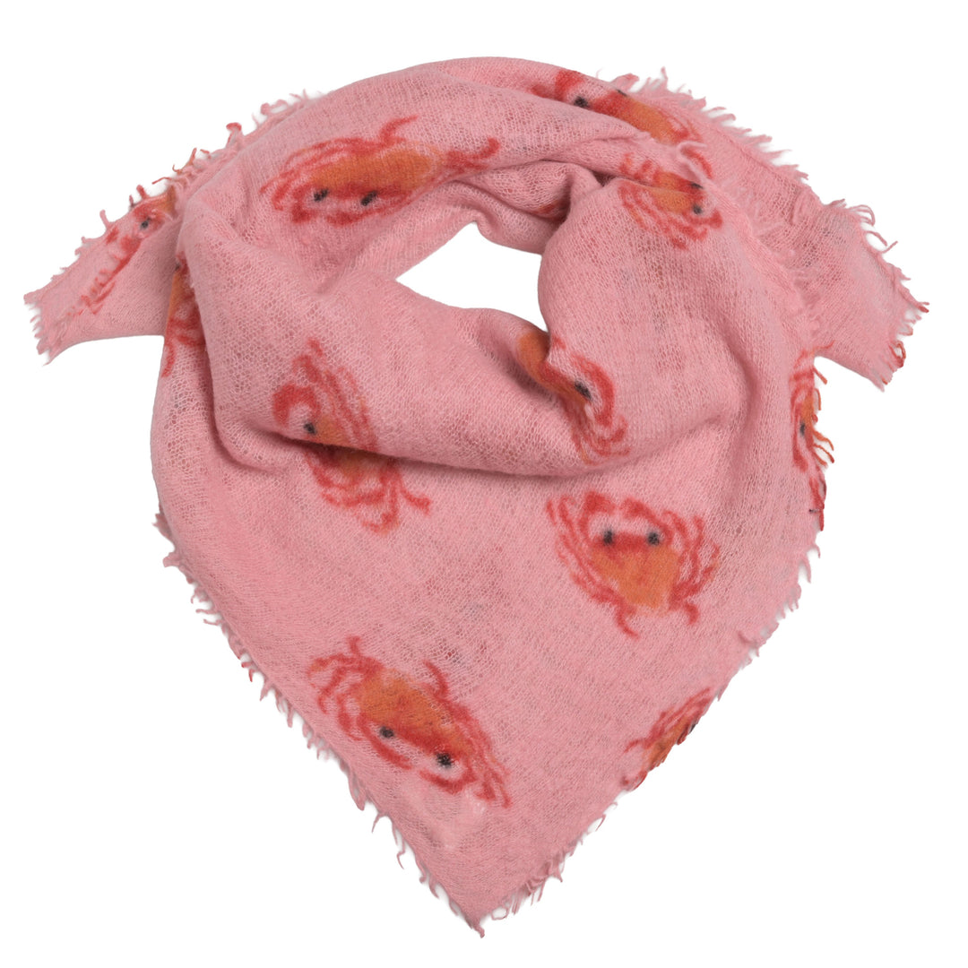 Anschmiegsames Kaschmirbandana in der Farbe Rosa und mit Krebsen bedruckt, quadratisches Tuch, 65 x 65 cm, handmade in Nepal, Produktbild auf weißem Hintergrnd