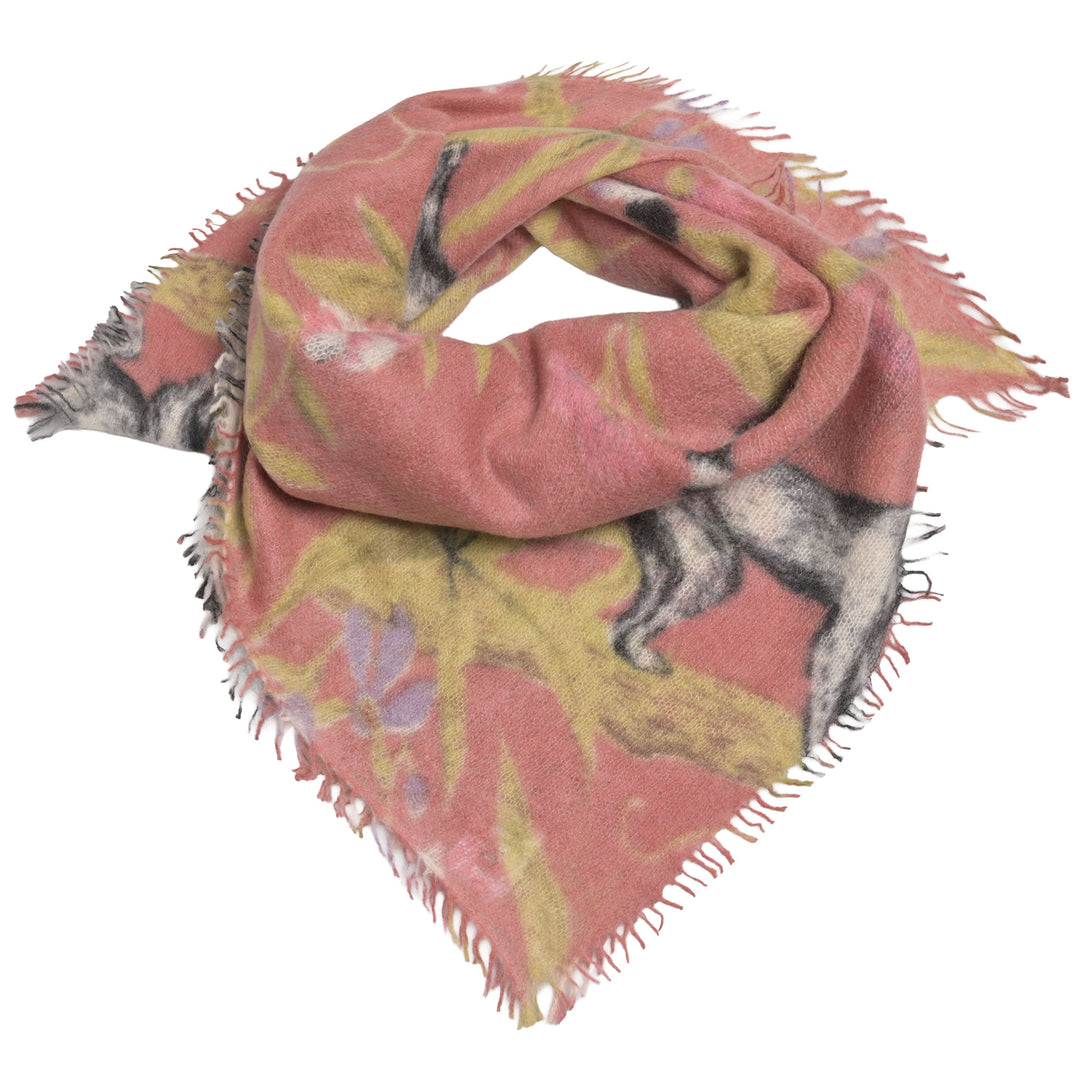 Edles Bandana mit dezenten Fransen aus 100% reinem Kaschmir für Damen in der Größe 65 x 65 cm, bedruckt mit Lemuren, Farbe: Kiss Me, Produktbild