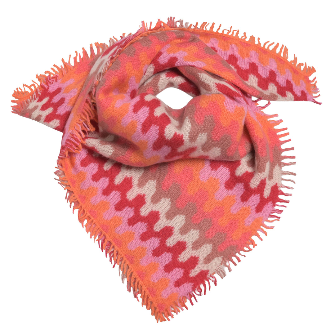 Buntes Halstuch für Damen aus 100% reinem Kaschmir gestrickt mit Zick-Zack-Muster und Fransen, 65 x 65 cm, Farbe: Champagner