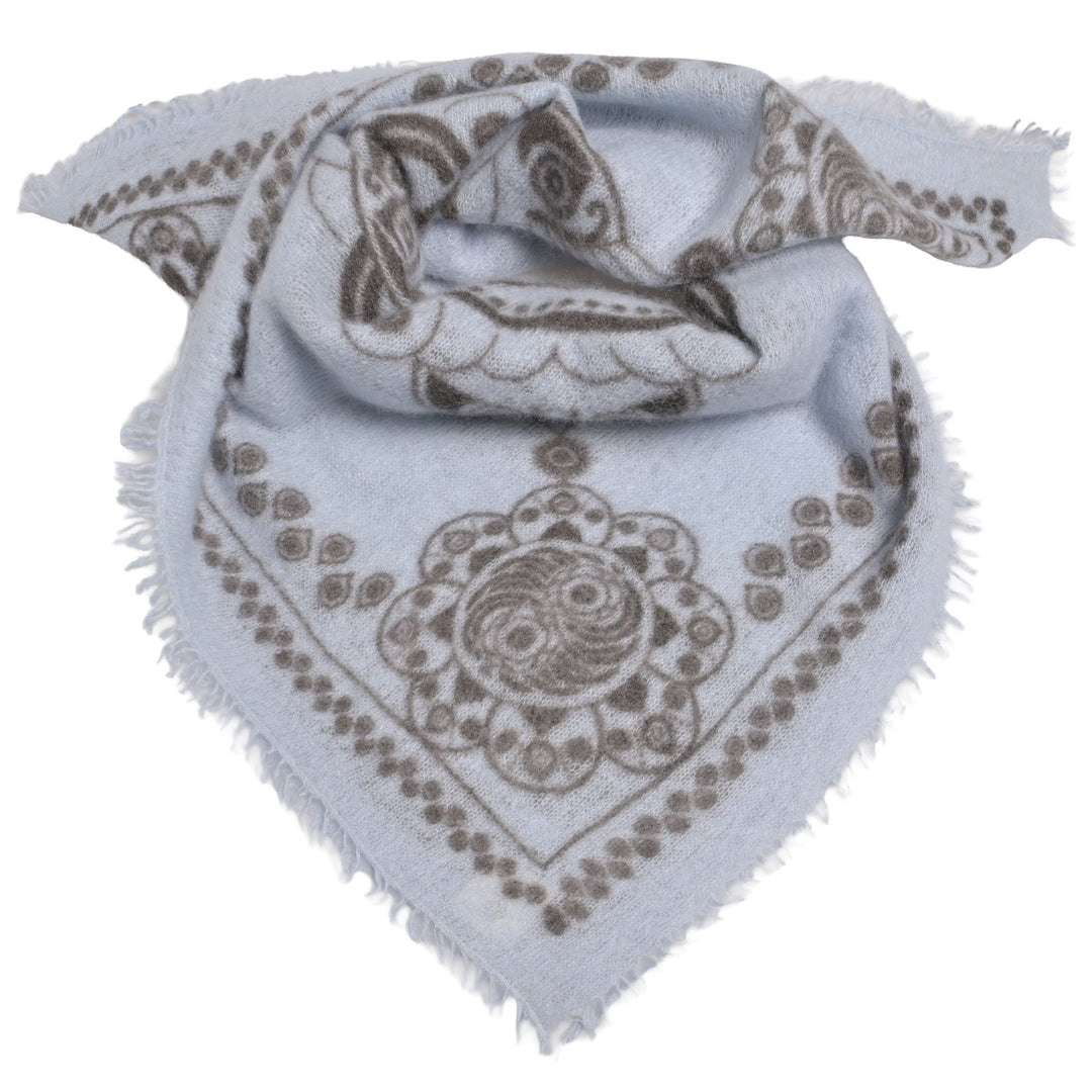 100 Prozent Cashmere Tuch quadratisch 70x70 cm mit Boho-Design in Hellblau