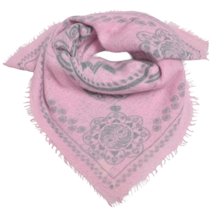 Rosa Light Kaschmir Bandana mit Ornament Muster 70 x 70 cm mit dezenten Fransen