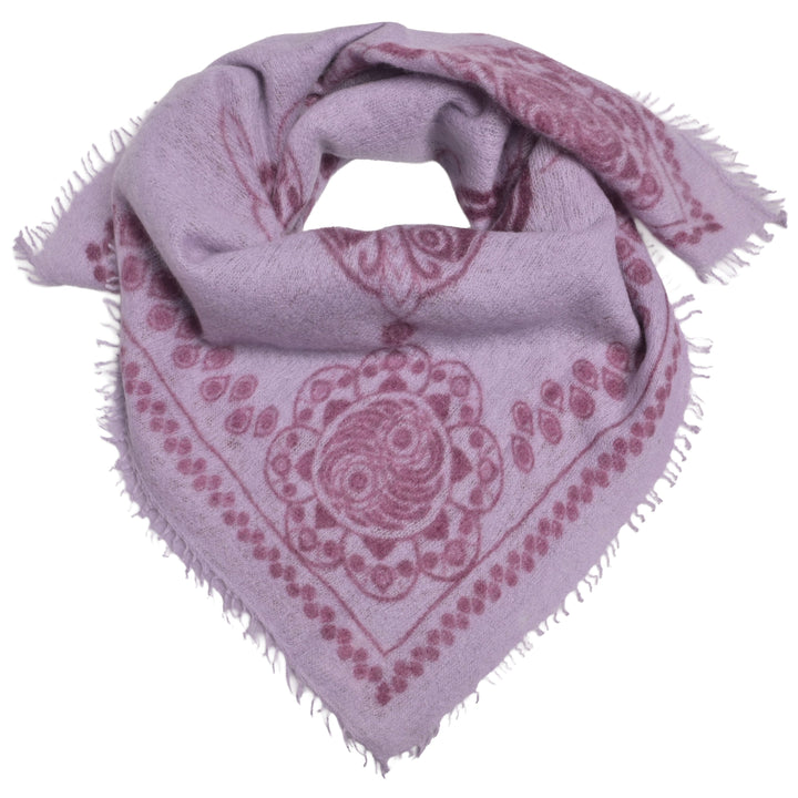 100 Prozent Cashmere Tuch quadratisch 70x70 cm mit Ornament-Muster und kleinen Fransen in Violett