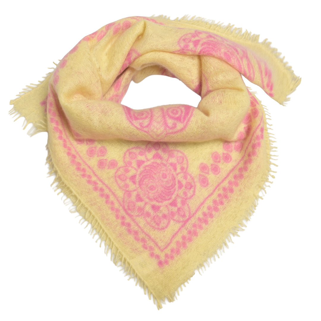 Leichtes Kaschmir Halstuch in Gelb mit pinkem Muster im Boho-Stil