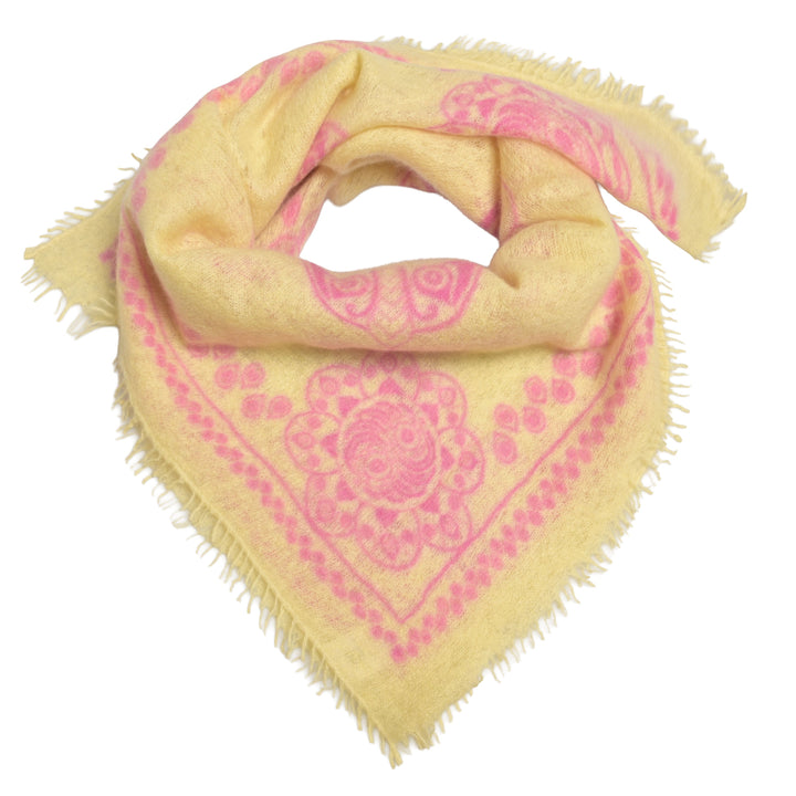 Leichtes Kaschmir Halstuch in Gelb mit pinkem Muster im Boho-Stil