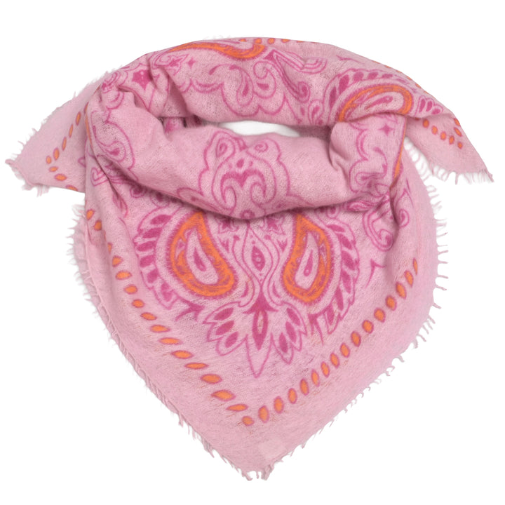 Rosafarbenes Kaschmir-Bandana mit Paisley-Muster aus 100% reinem Kaschmir.