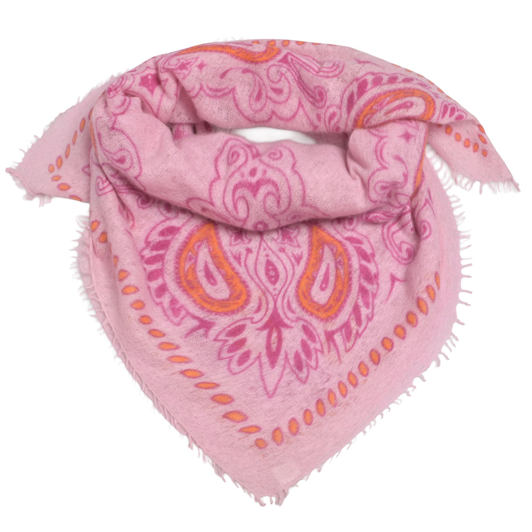 Rosafarbenes Kaschmir-Bandana mit Paisley-Muster aus 100% reinem Kaschmir.