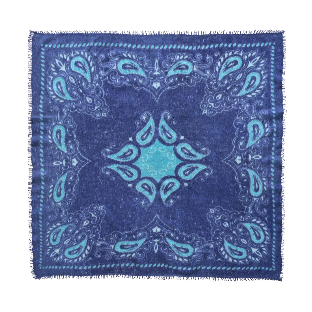 Quadratisches Bandana aus feinem Kaschmir mit Paisleydruck in Royalblau, handmade in Nepal.