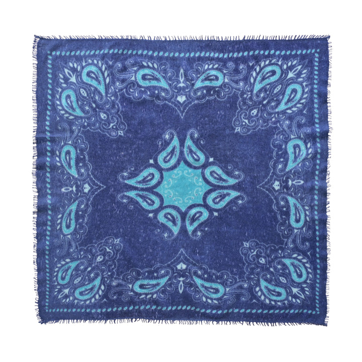 Quadratisches Bandana aus feinem Kaschmir mit Paisleydruck in Royalblau, handmade in Nepal.